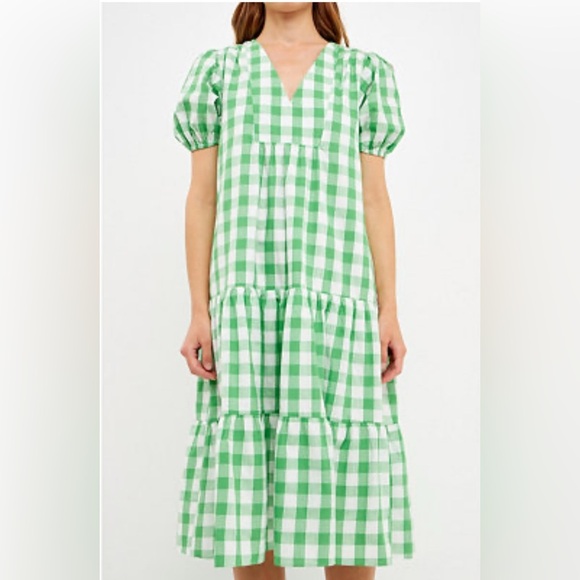 NWT English Factory Gingham Plaid Midi Dress Short Sleeve Green white Size 2X - Picture 1 of 10